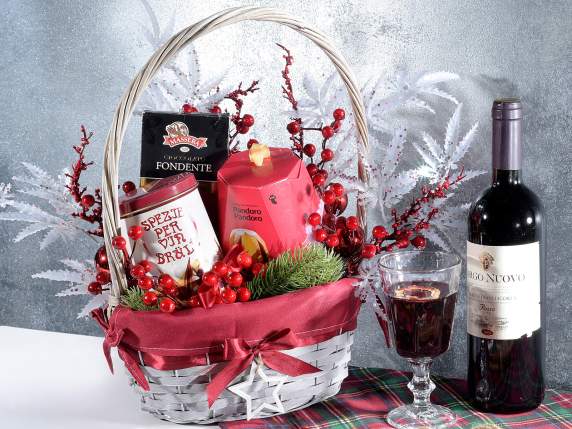 Wooden basket with rigid handle, star, bow and red fabric