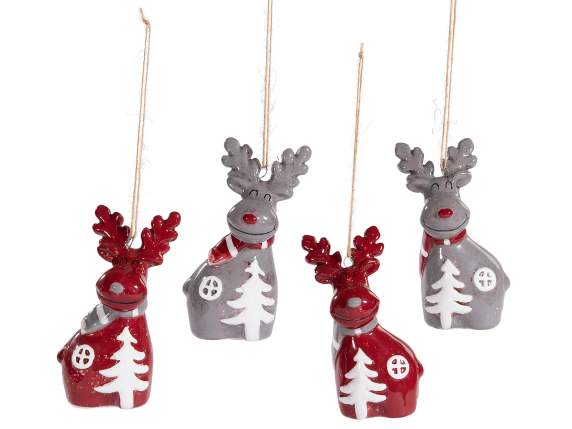 Colorful ceramic reindeer with embossed decorations to hang