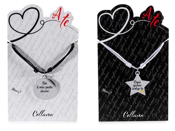 Rope necklace with engraved and enameled metal charm