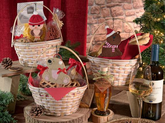 Round bamboo basket with handle, with cloth animal