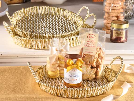 Set of 3 round baskets in white and gold paper rope