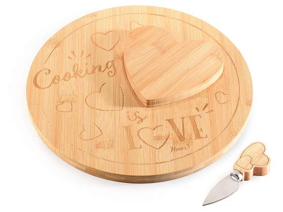 Bamboo wood cutting board set with heart and knife