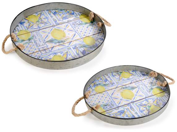 Set of 2 Limoni round trays in wood and metal with rope hand