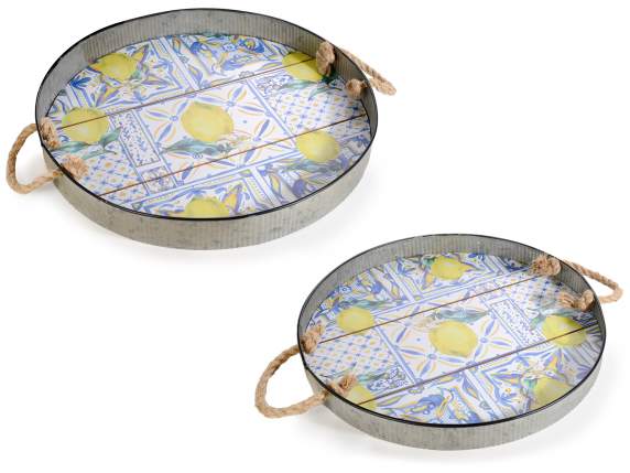 Set 2 round lemon trays in wood and metal with rope handles