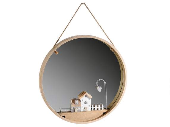 Round hanging mirror with wooden base and houses