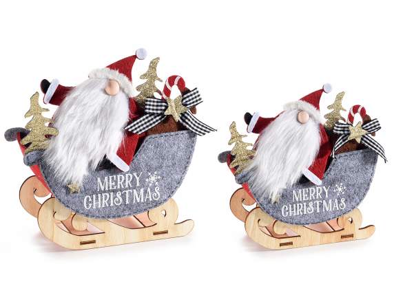 Set of 2 wooden and cloth sled baskets with Santa Claus