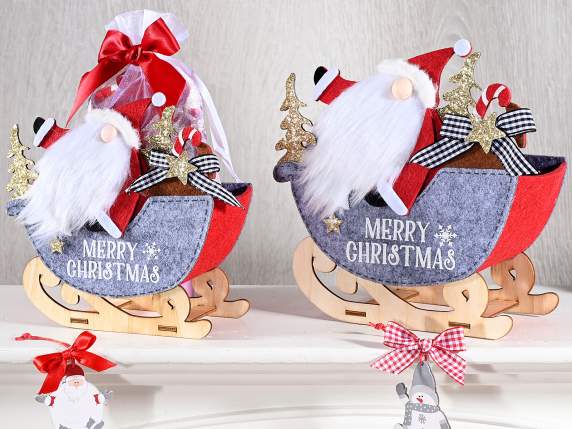 Set of 2 wooden and cloth sled baskets with Santa Claus