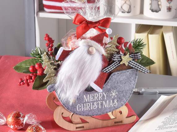 Set of 2 wooden and cloth sled baskets with Santa Claus