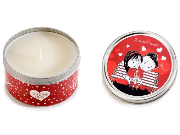 Scented candle in round metal box In love