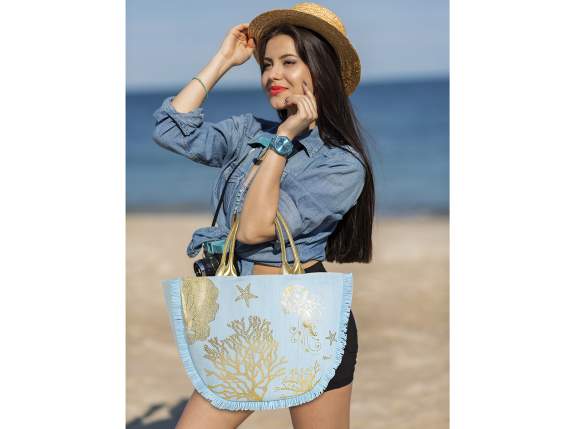 Mare raffia bag with fringes and print and golden handles