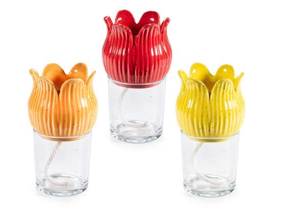 Self-watering tulip vase in colored ceramic and glass