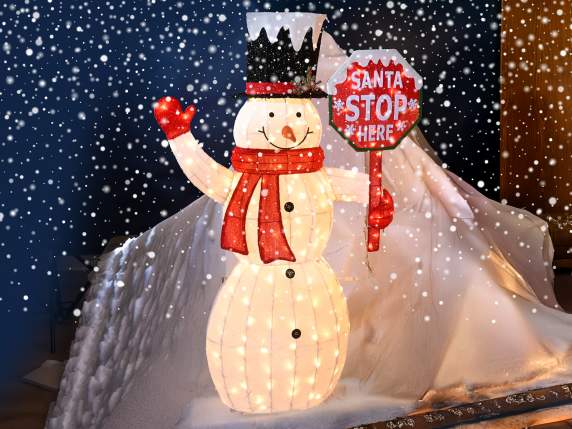 Snowman with metal core, sign and LED lights