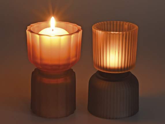 Candle holder in double use knurled satin colored glass