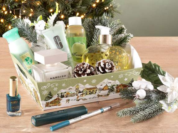 Small paper tray with handles and Christmas decorations