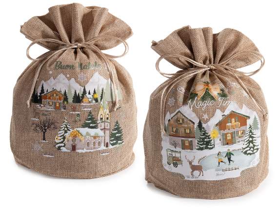 Jute effect panettone bag with tie and decorations