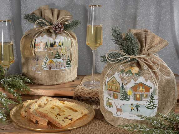 Jute effect panettone bag with tie and decorations