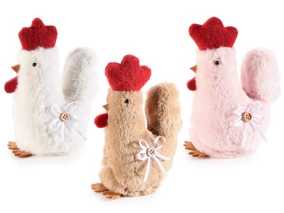 Soft eco-fur hen with bow, ribbon and button
