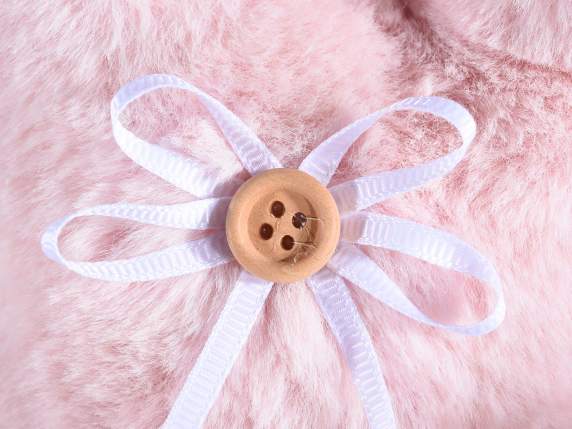 Soft eco-fur hen with bow, ribbon and button