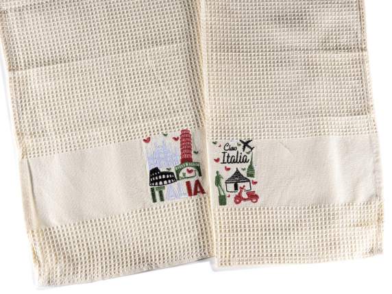 Embroidered cotton dish towel Italy with wooden spoon