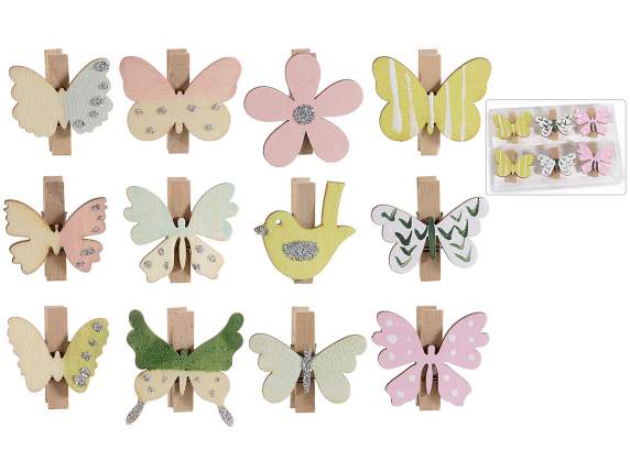 Pack of 6 colored wooden pegs with glitter