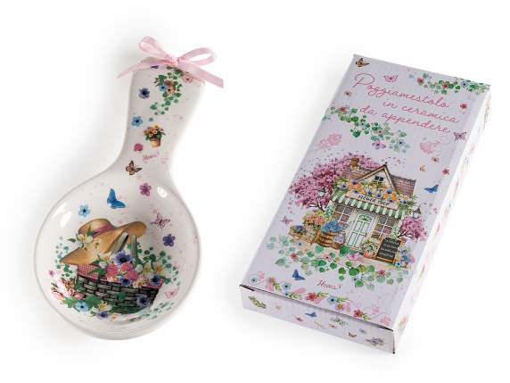 Ceramic spoon rest with spring decorations and bow