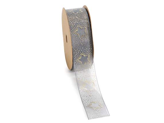 Gray organza ribbon with gold star print