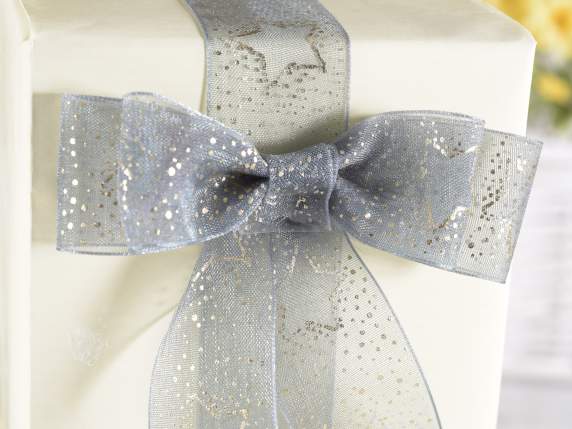 Gray organza ribbon with gold star print