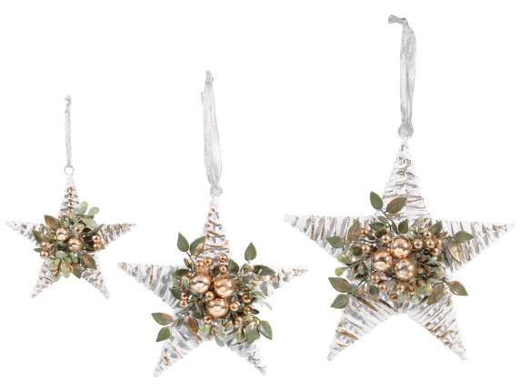 Set of 3 rattan stars with leaves and golden balls to hang