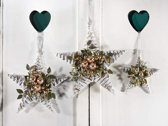 Set of 3 rattan stars with leaves and golden balls to hang