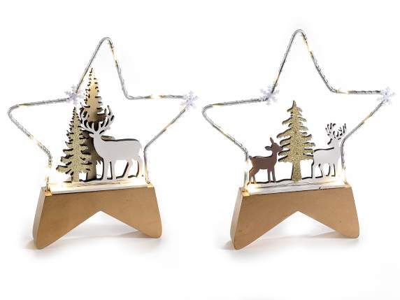 Metal star with landscape and wooden base with LED lights