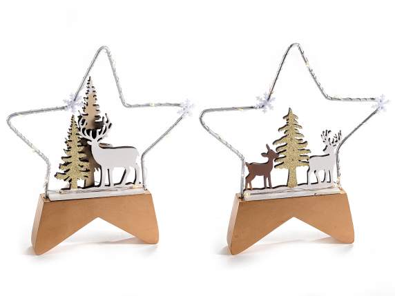 Metal star with landscape and wooden base with LED lights