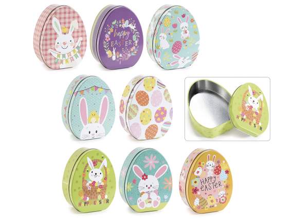 Egg-shaped metal box with Easter print