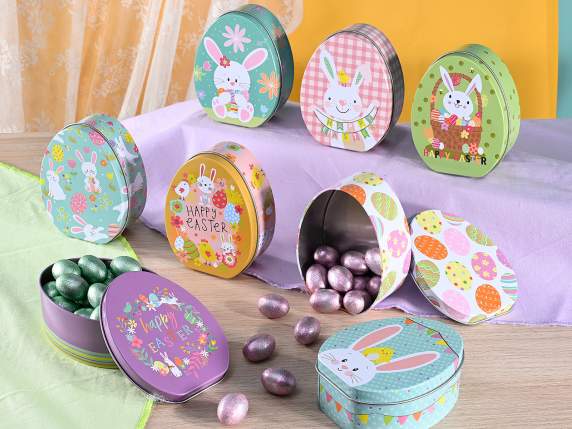 Egg-shaped metal box with Easter print