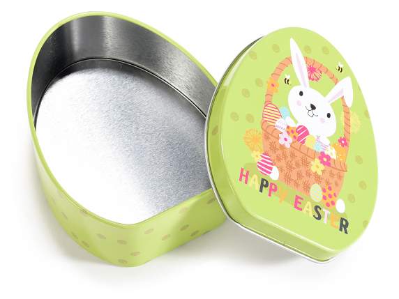 Egg-shaped metal box with Easter print
