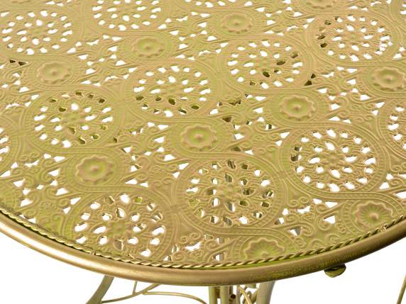 Table and 2 garden chairs set in green-gold wrought metal