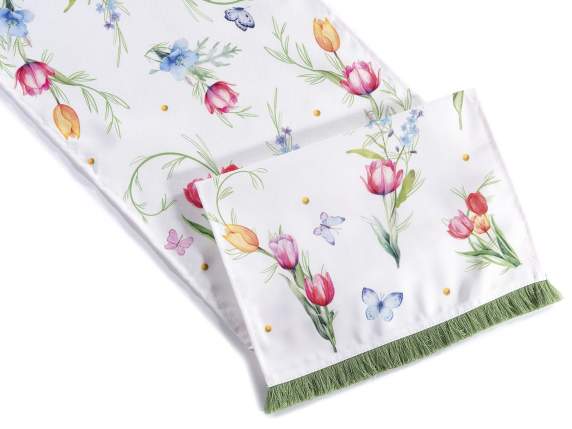 Rectangular runner in flower print fabric with fringes