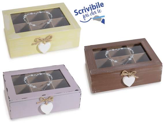 Wood glass tea-spice box with 6 compartments heart pendant