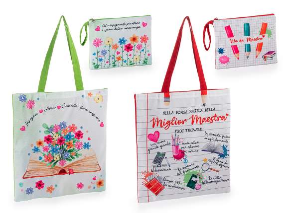 Fabric bag and clutch set with Maestra decorations