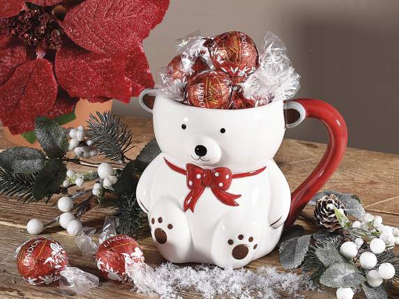 White ceramic teddy bear mug 450 ml, embossed decorations