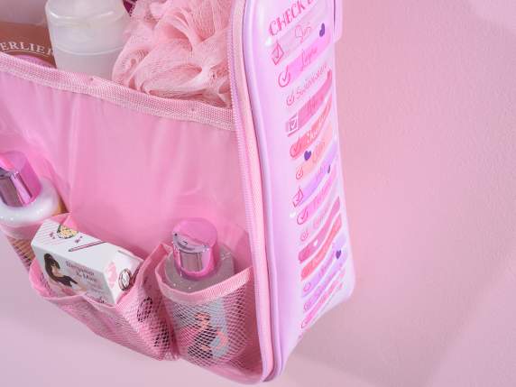 Pink faux leather travel beauty case with zip, handle