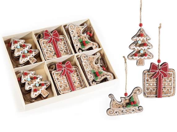 Wooden display with 24 decorations in wood and cork to hang