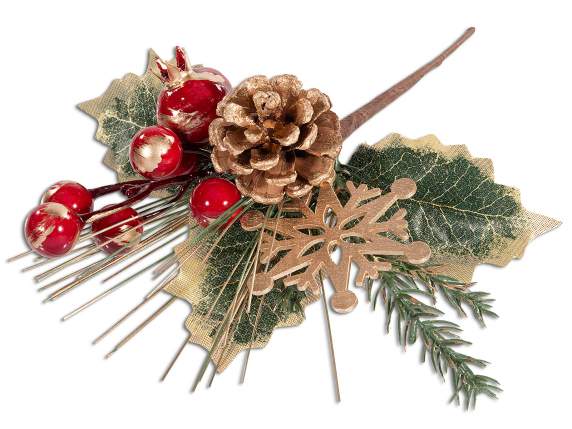 Sprig of red berries, golden pine cone and snowflake