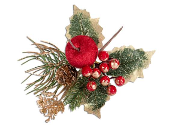 Sprig of red berries, holly, pine cone and velvet apple