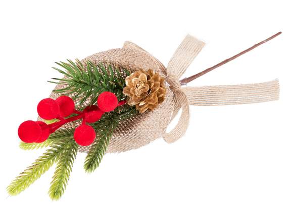 Red berry sprig, pine, golden pine cone and jute bow