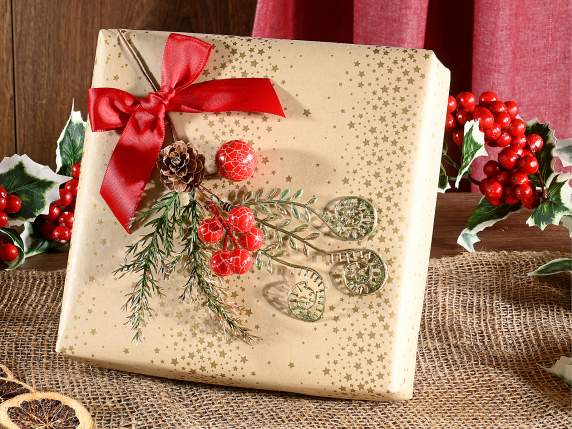 Artificial red berry sprig, pine cone and gold decorations