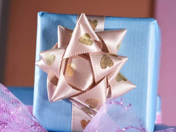 15mm satin ribbon with gold heart print