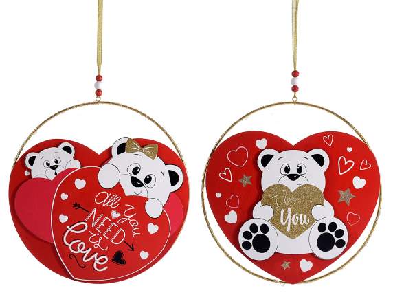 Hanging metal decoration with wooden teddy bear and lights
