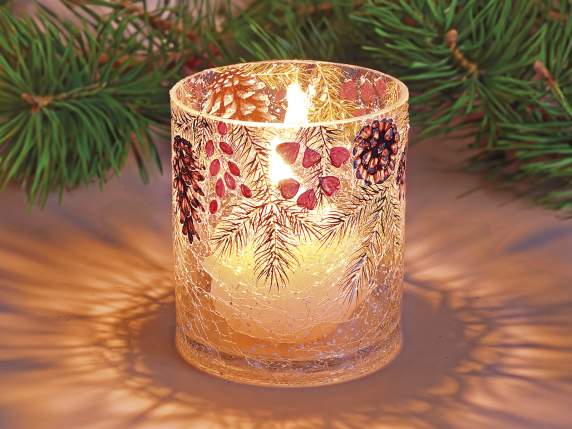 Crackle effect glass candle holder - vase with pine decorati