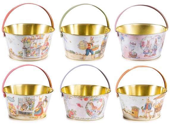 Metal bucket vase with Easter print and handle