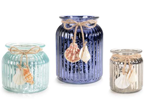Set of 3 candle holders in antiqued glass with shells